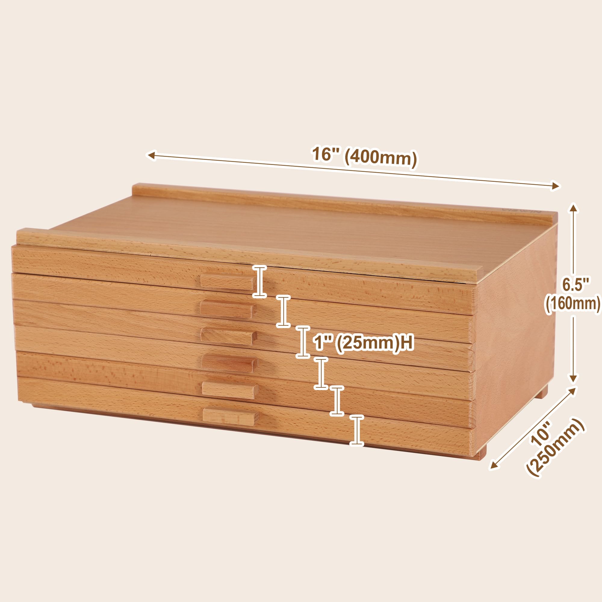 VISWIN 6-Drawer Art Supply Storage Organizer, Beech Wood Artist Storage Box with Removable Dividers, Portable Art Box for Paints, Brushes, Pencils, Pens, Pastels - Natural