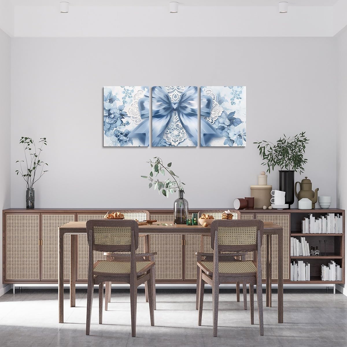 Erosebridal Blue Bow Canvas Wall Art Set of 3,Blue Floral Bows Pictures Wall Decor,Coquette Bowknot Bowtie Poster Prints,Country Flower Paintings Decor for Girls Women Bedroom Living Room Home