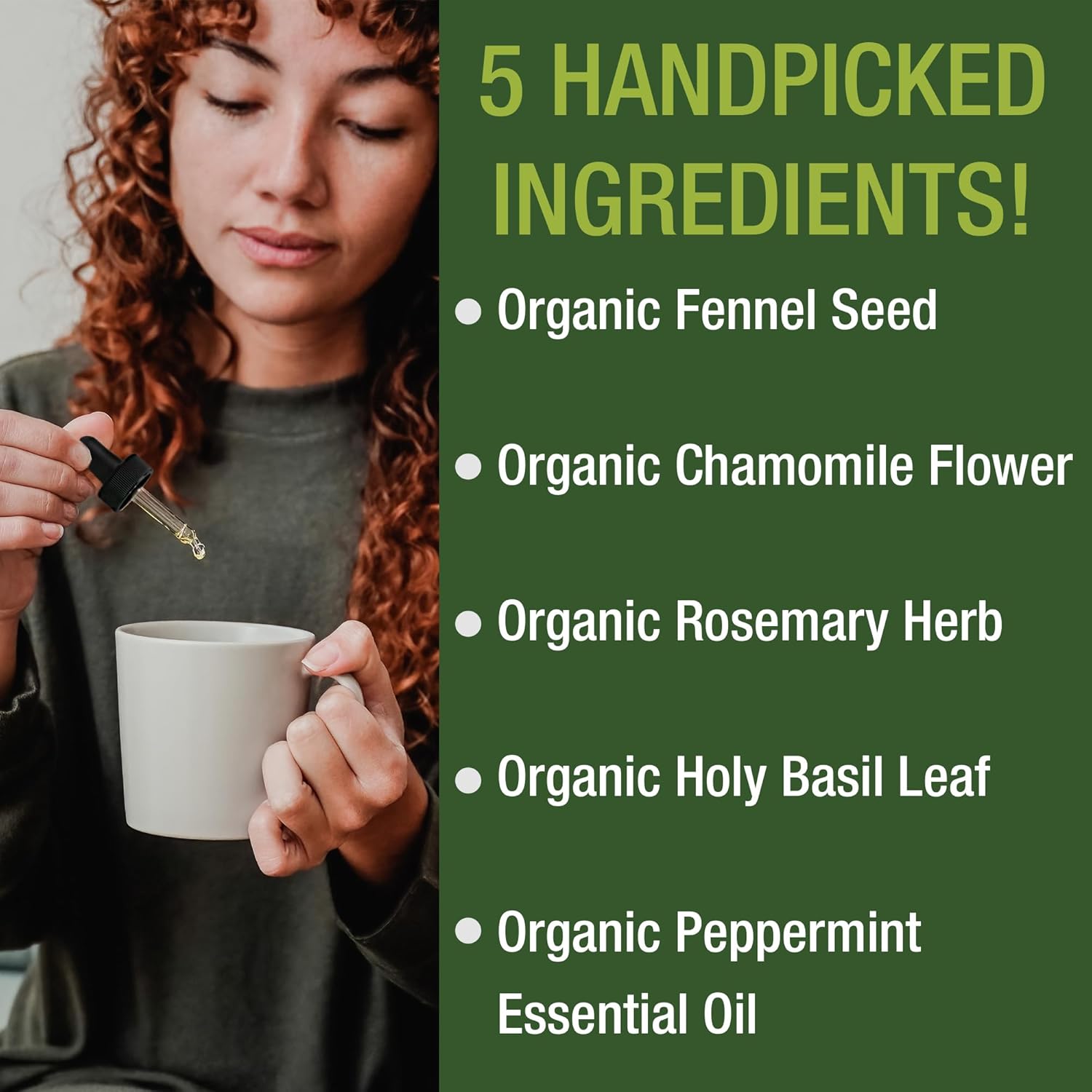 USDA Organic IBS Relief 5-in-1 Liquid Drops - for Ingestion, Bloating, Gas - Irritable Bowel Supplement with 5 Ingredients - Peppermint Oil, Fennel Seed, Chamomile Flower, Rosemary, Holy Basil