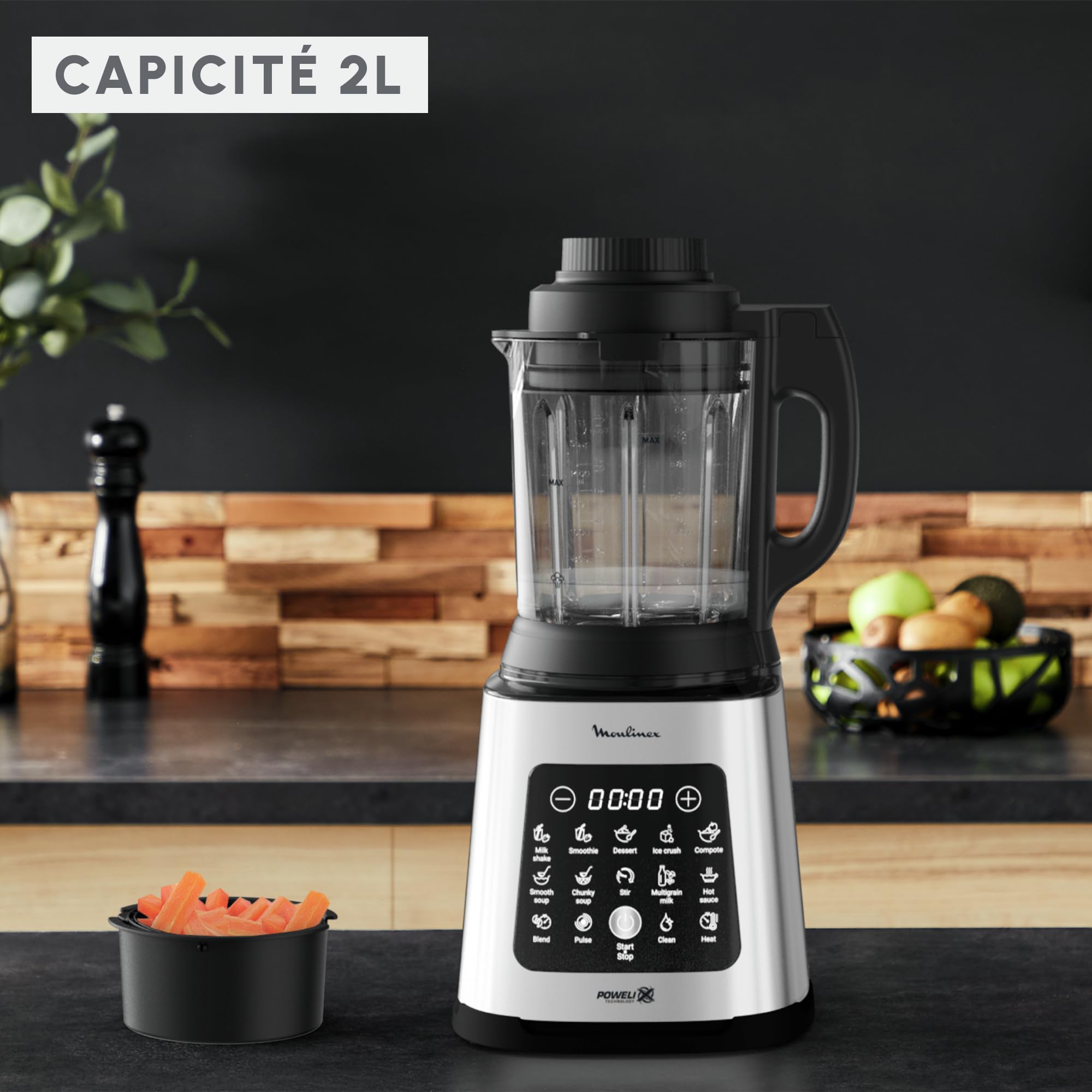 Moulinex Perfectmix Cook, Blender chauffant haute performance, 10 programmes auto, Recettes chaudes et froides, 1 400 W, panier vapeur, LM83SD10
