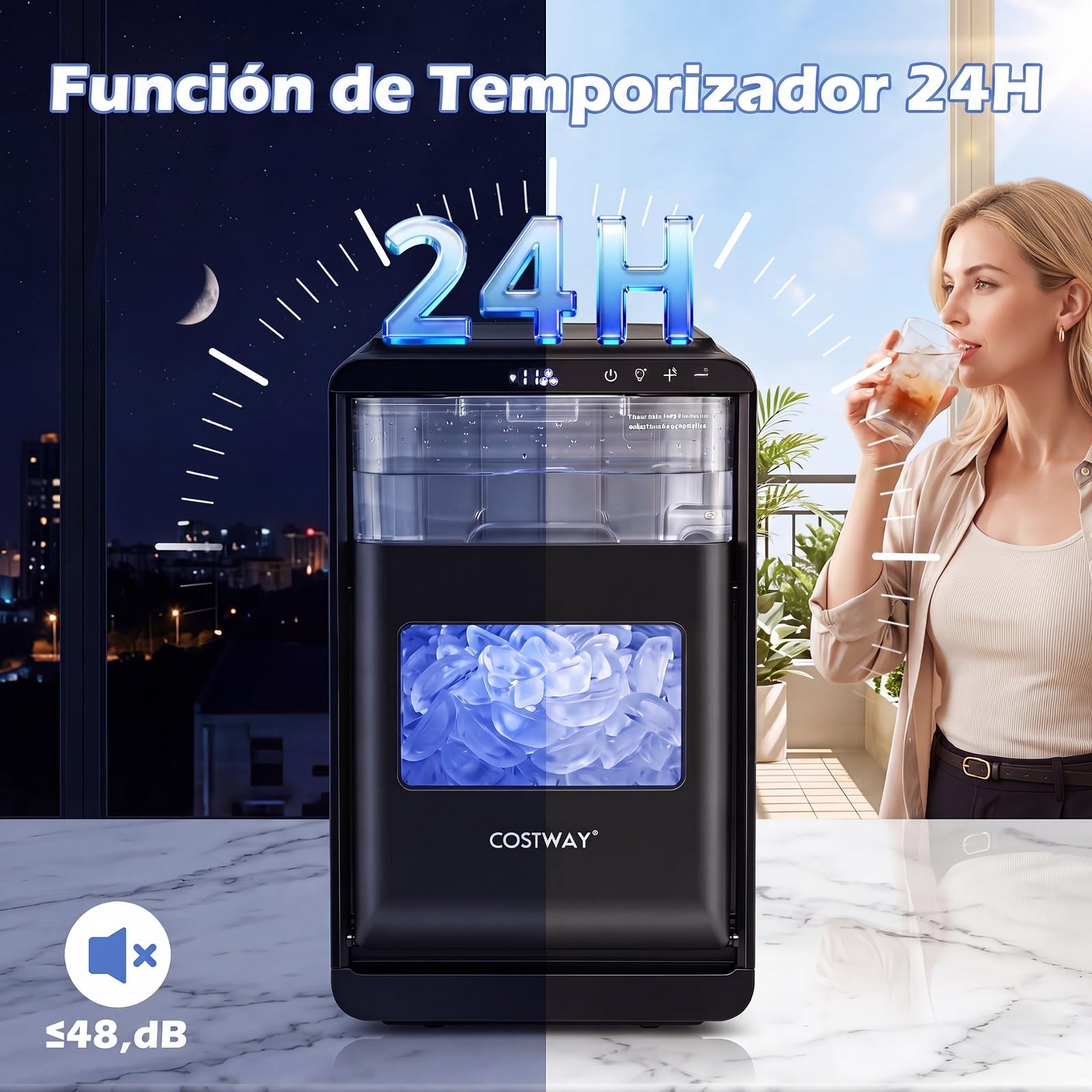 COSTWAY Máquina de Hielo de Sobremesa, 12 kg/Día, 16 Cubitos en 15 Minutos | Maquina de Hacer Hielo con Grosor Ajustable,Autolimpieza,Panel de Control, Pala y Cesta, Casa/Cocina/Oficina/Bar