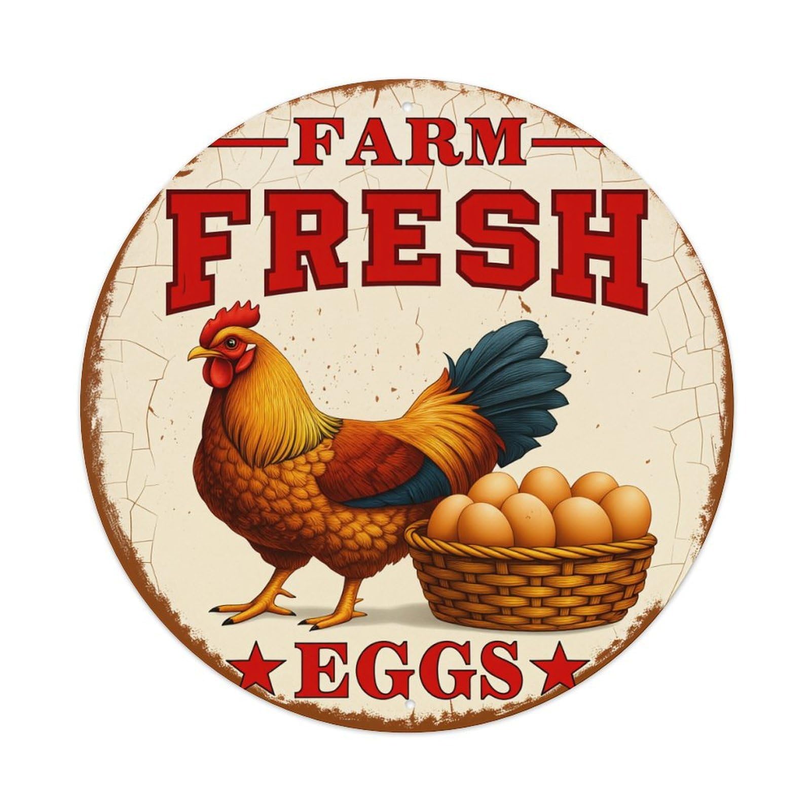 Wmlzdnwr Vintage Farm Fresh Eggs Chicken Basket Pattern Round Tin Sign,Retro Wall Art,Metal Poster For Home, Bar, Garage, Cafe, Rustic Indoor & Outdoor Decor, 8X8 Inches