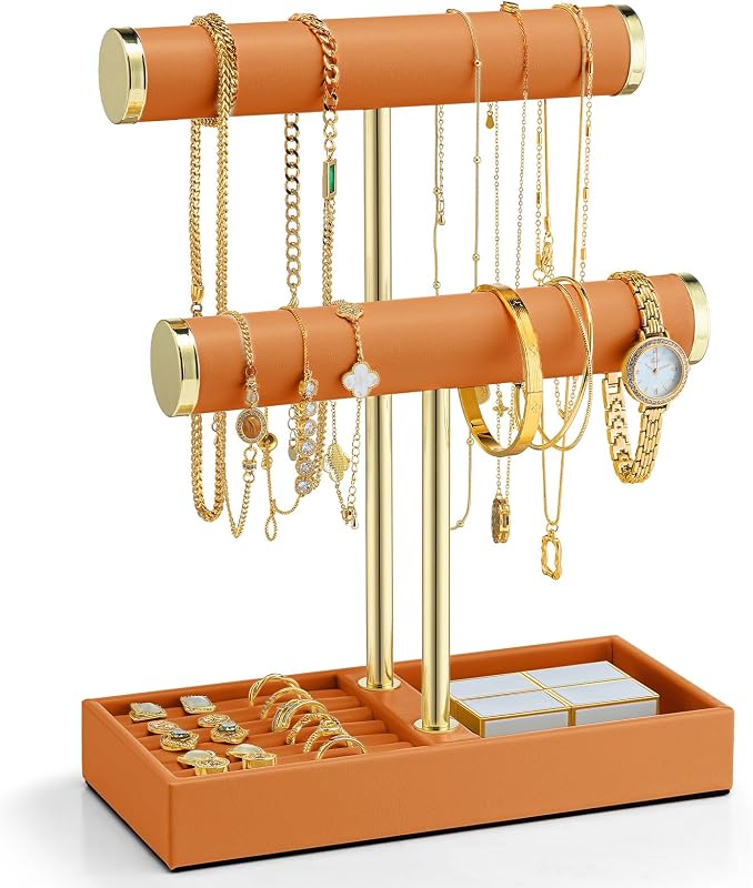 Organizador de joyas VLANDO, soporte de collar de joyas de 2 niveles con bandeja | Barras de cuero y oro de PU resistentes a los arañazos, pulseras y relojes de exhibición, anillos de tiendas, pendientes y artículos para un uso diario fácil