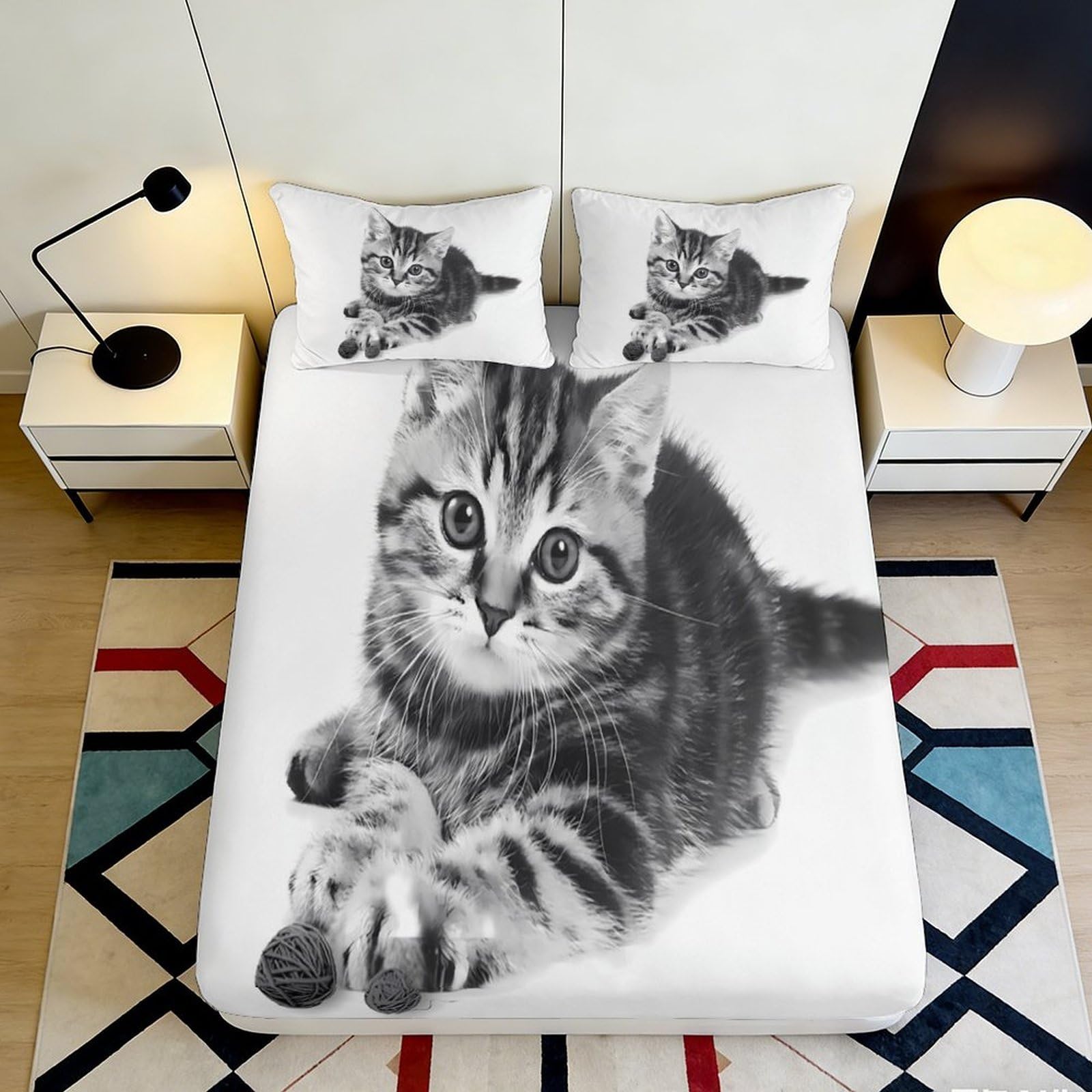 3D Printed Realistic Tabby Cat Fitted Sheet Microfiber Soft Non Slip Black White Kitten Mattress Cover for Bedroom Guest Room 90x200x25cm