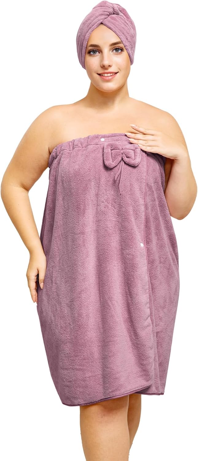 Plus Size Towel Wrap with Hair Towel for Women(XXL-XXXXL), Adjustable Women Shower Wrap Body Wrap Bath Towels, Comfortable Spa Bathrobe + Hair Drying Towel, Purple