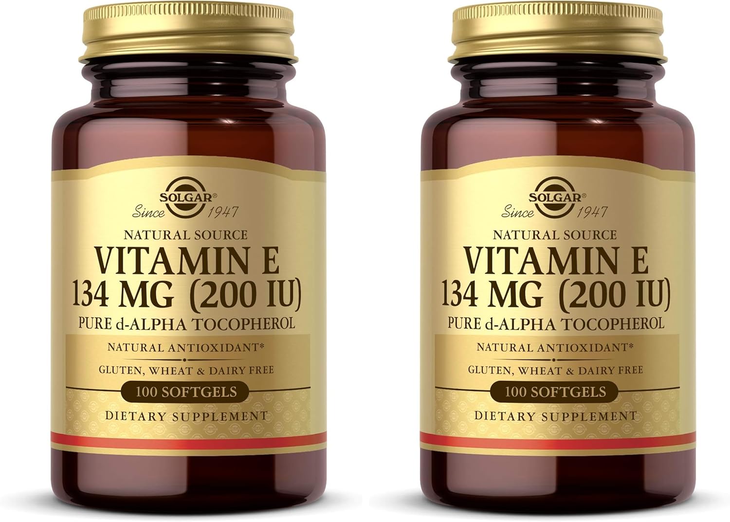 Solgar Vitamin E 200 IU Alpha,100 Softgels - Antioxidant,Healthy Aging,Healthy Skin,Immune System Support - Natural Source Vitamin E - Gluten Free,Dairy Free - 100 Servings,(Pack of 2)