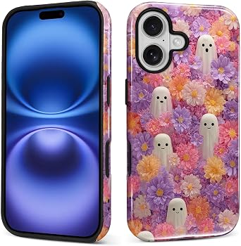 CARLOCA Case for iPhone 17,Halloween Ghost Pink Flowers Design Hybrid Dual Protection Soft TPU Hard PC Shockproof Anti Scratch Men & Women Stylish Protective Phone Case