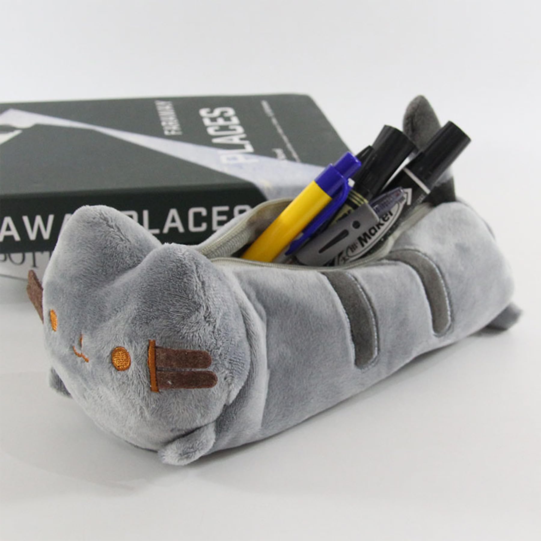 MOYAGA Cat Pencil Case - Cute Grey Animal Pencil Case, Large Plush Pen Pouch Stationery Storage, 24 x 8 x 8 cm - Image 2