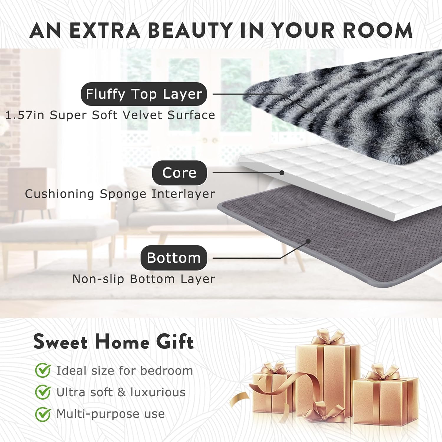 Fluffy Rugs for Bedroom Living Room, 4x6 Feet Zebra Black and White Shag Area Rug for Kids Girls Boys Dorm Nursery, Soft Non-Slip Modern Fuzzy Plush Carpet for Indoor Home Decor