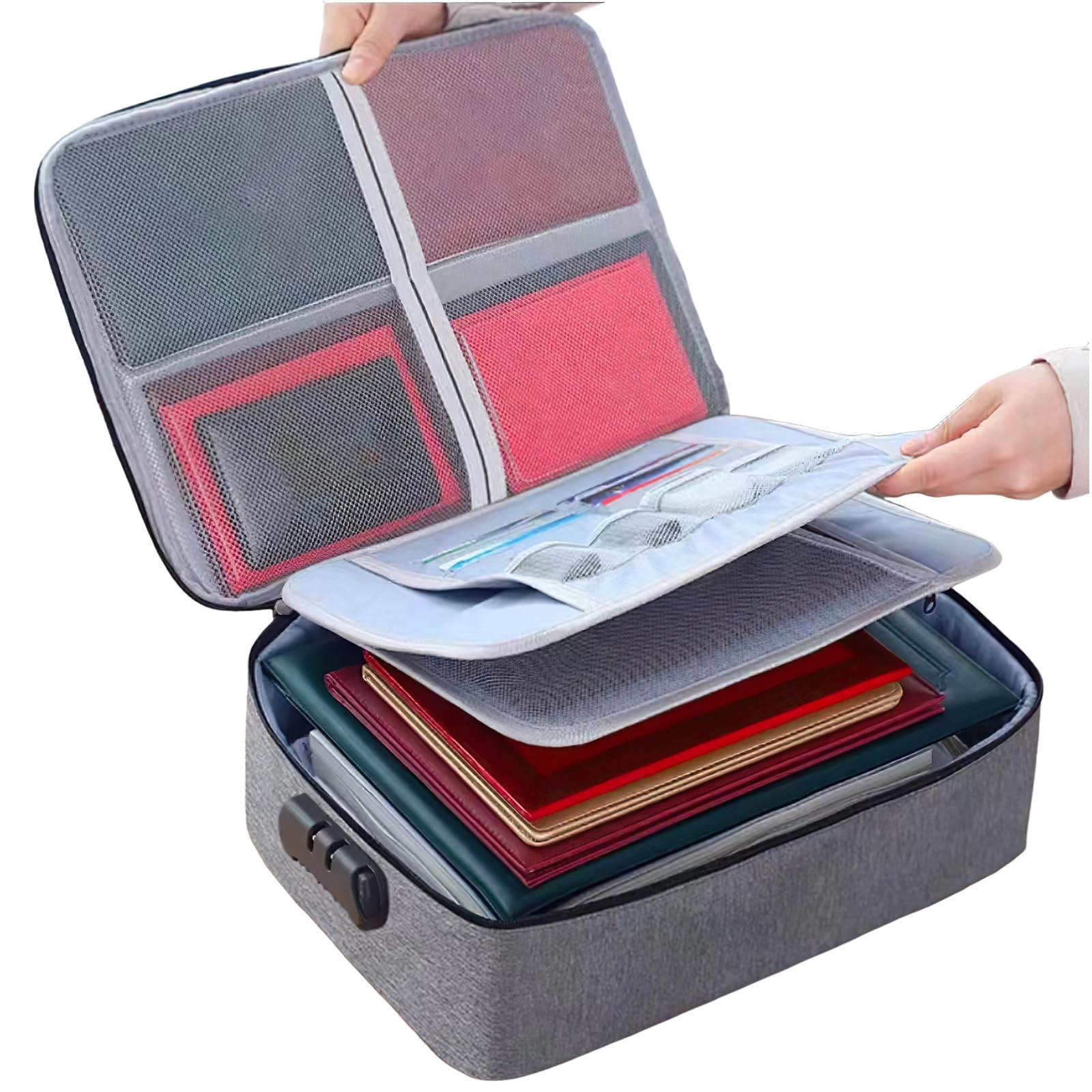 Kouamor Grey 37*27*10Cm Fireproof Document Box, Lockable Storage Box, Document Organiser, Fire Proof Documents Storage Box, Waterproof File Organiser Box, File Storage Boxs With Inserts Bags And Zipper (Grey)