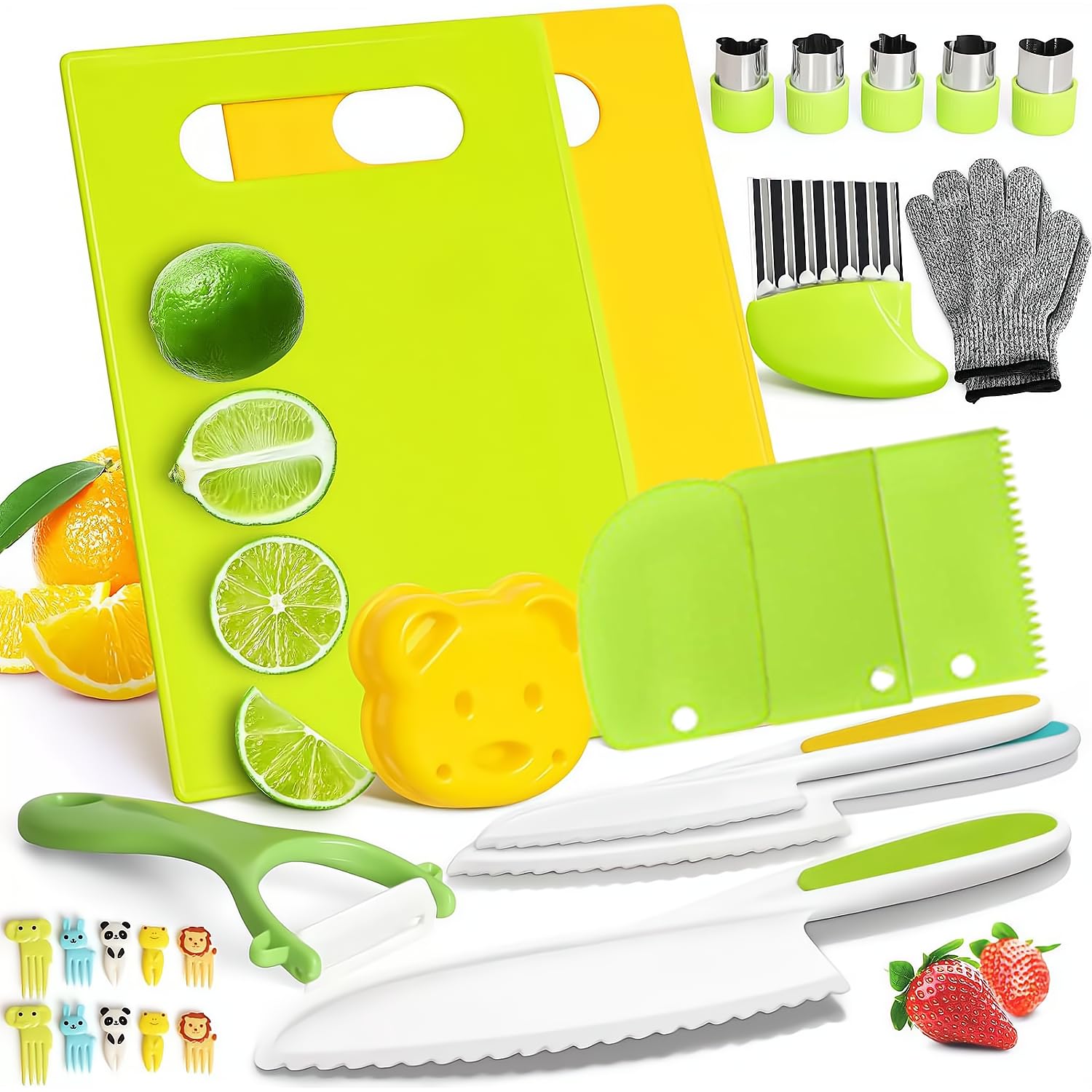 Juego de Utensilios de Cocina 28 Piezas, Cuchillos Montessori Seguros para Niños, Utensilios BLW sin BPA, Cortador de Frutas y Verduras, Cocinita Infantil Educativa, Regalo Ideal para Niños de 2-6 Año