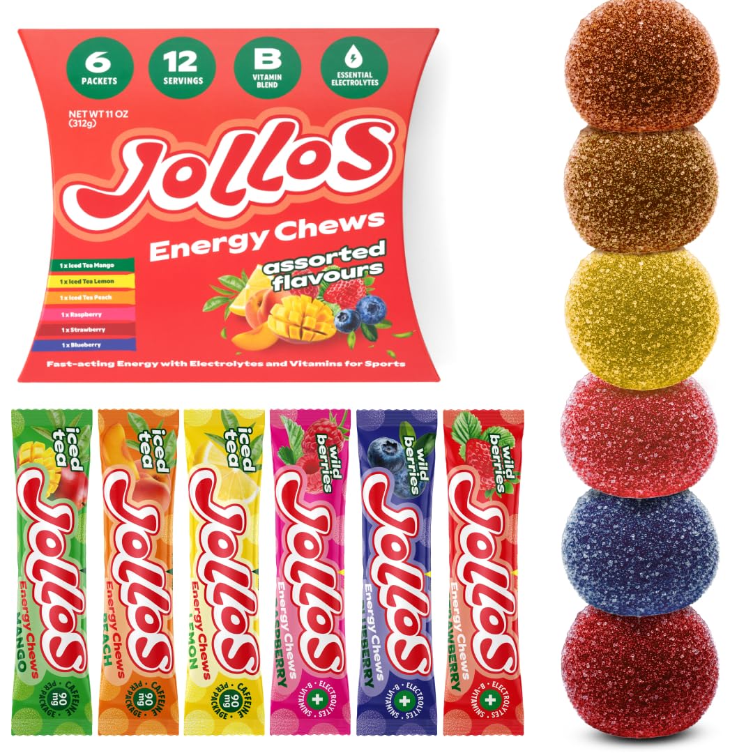 Jollos Gomas mastigáveis para energia com eletrólitos e vitaminas B, sabores sortidos, pacote com 6