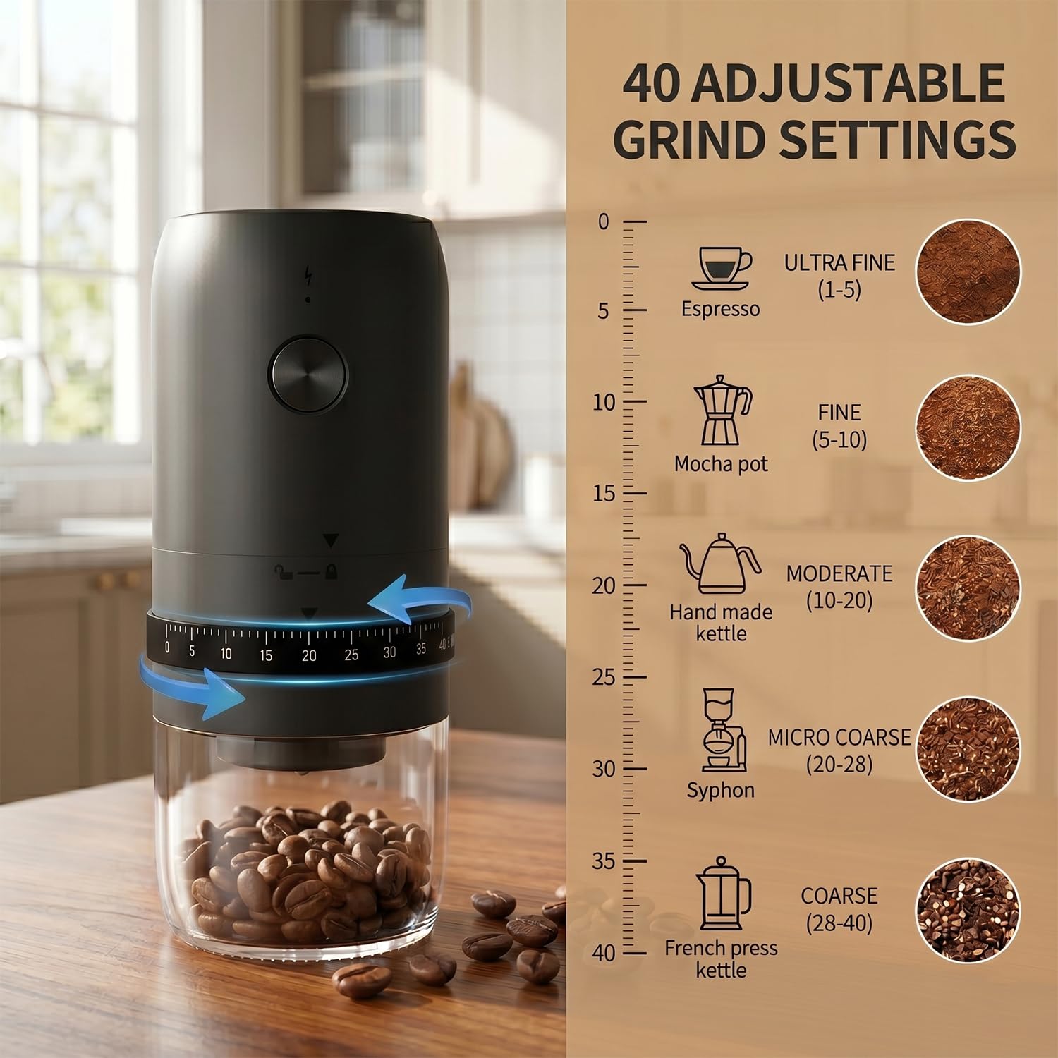 Molinillo de café eléctrico portátil, recargable por USB, 40 ajustes de molienda ajustables, automático de un solo toque, color negro