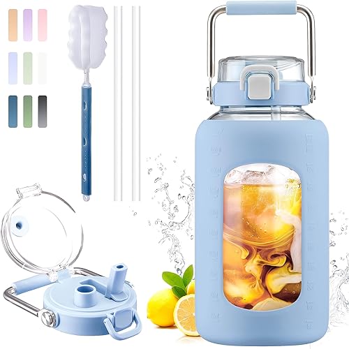 Miniatura 1 de BLUEGO Botella de agua de vidrio de 84 onzas con dos popotes y mango de acero inoxidable, botella de agua motivacional grande con funda de silicona,