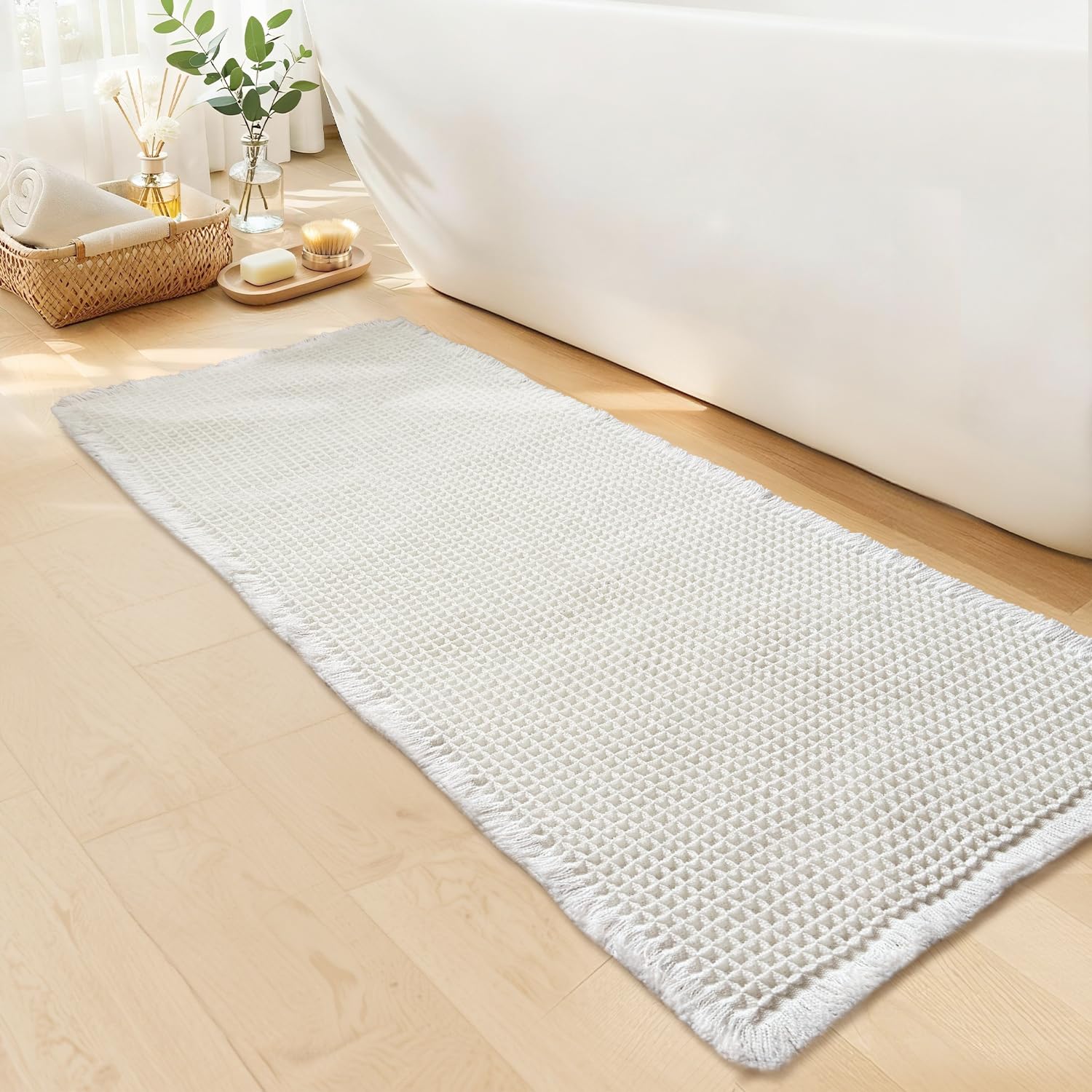 GRLYUH White Long Bathroom Rugs, Waffle Runner Bath Mat Non Slip Washable, Super Absorbent & Quick Dry, Boho Bath Mat Farmhouse Bathroom Decor, 24'' x