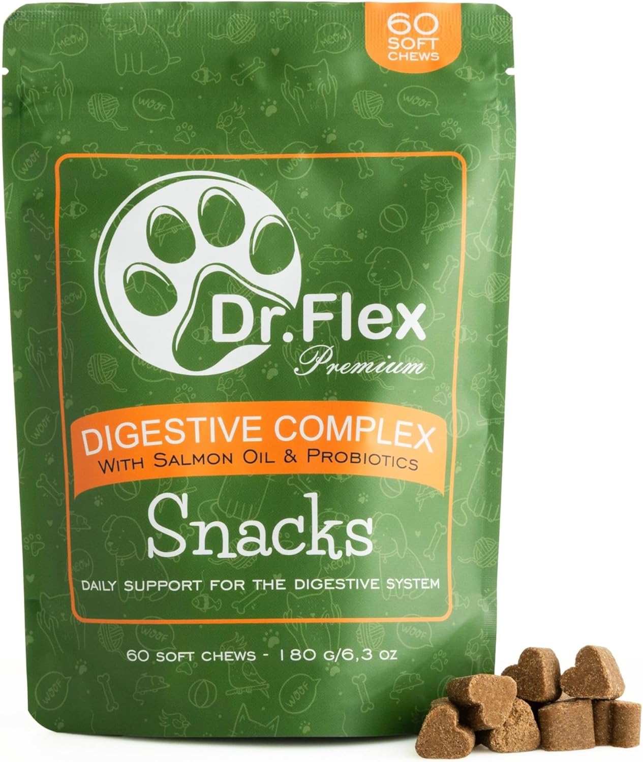 Dr. Flex Probiotic Complex Soft Chews for Dogs – 60 Tasty Dog Treats with Colostrum, Brewer’s Yeast, Salmon Oil & Chicory Root – Supports Healthy Digestion, Gut Flora & Immune System