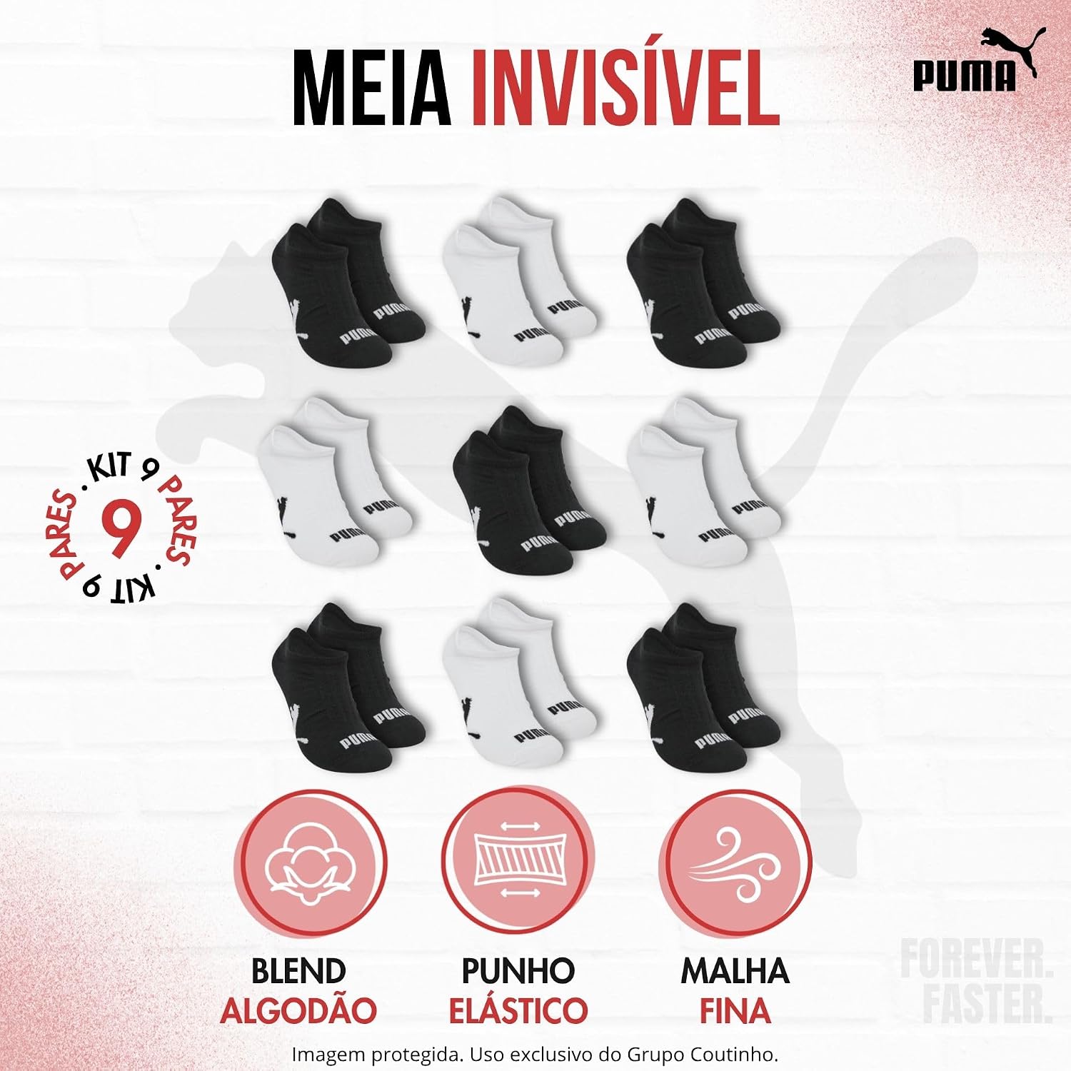 Kit 9 Pares Meia Puma Invisível Soquete Sapatilha Respirável Original