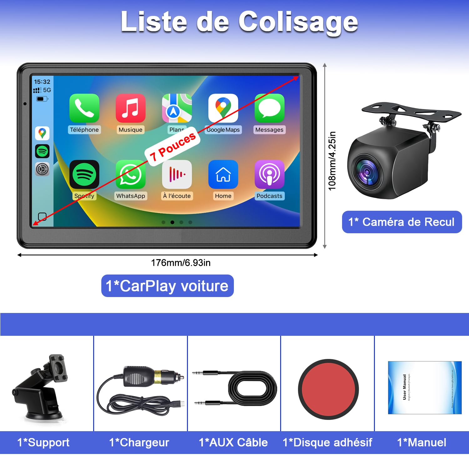 Autoradio sans Fil, CarPlay Voiture & Android Auto, Portable Stéréo de Voiture avec Contrôle Vocal, Navigation GPS, FM, MirrorLink, Bluetooth Appels avec Mains Libres (7" & Caméra de Recul)