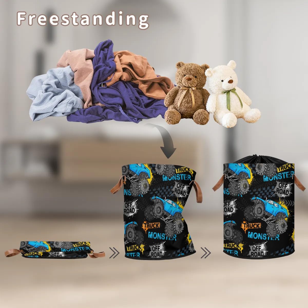 Large Laundry Hamper Basket with Lid, Blue Monster Car Trucks Round Collapsible Storage Organizer Bin for Kids Room, Boys, Nursery, Closet, Bedroom, Playroom, Toys, Dirty Clothes, 16"W x 20"H