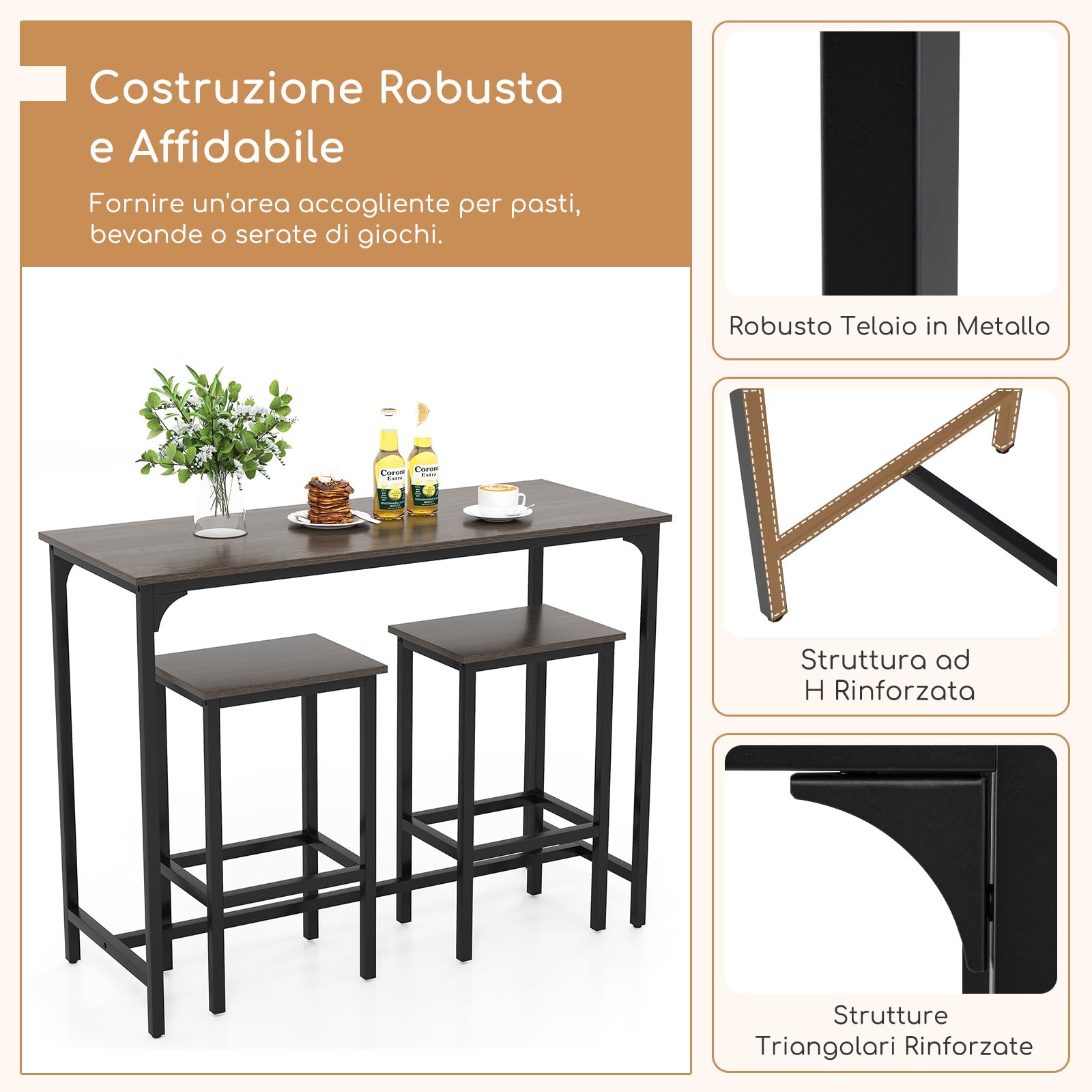 COSTWAY Tavolo con 2 Sgabelli in Metallo e Legno, Set da Pranzo 3 Pezzi, Tavolo Rettangolare da Cucina con 2 Sedie per Sala da Pranzo, Appartamento e Bistro, Stile Retrò (Grigio)