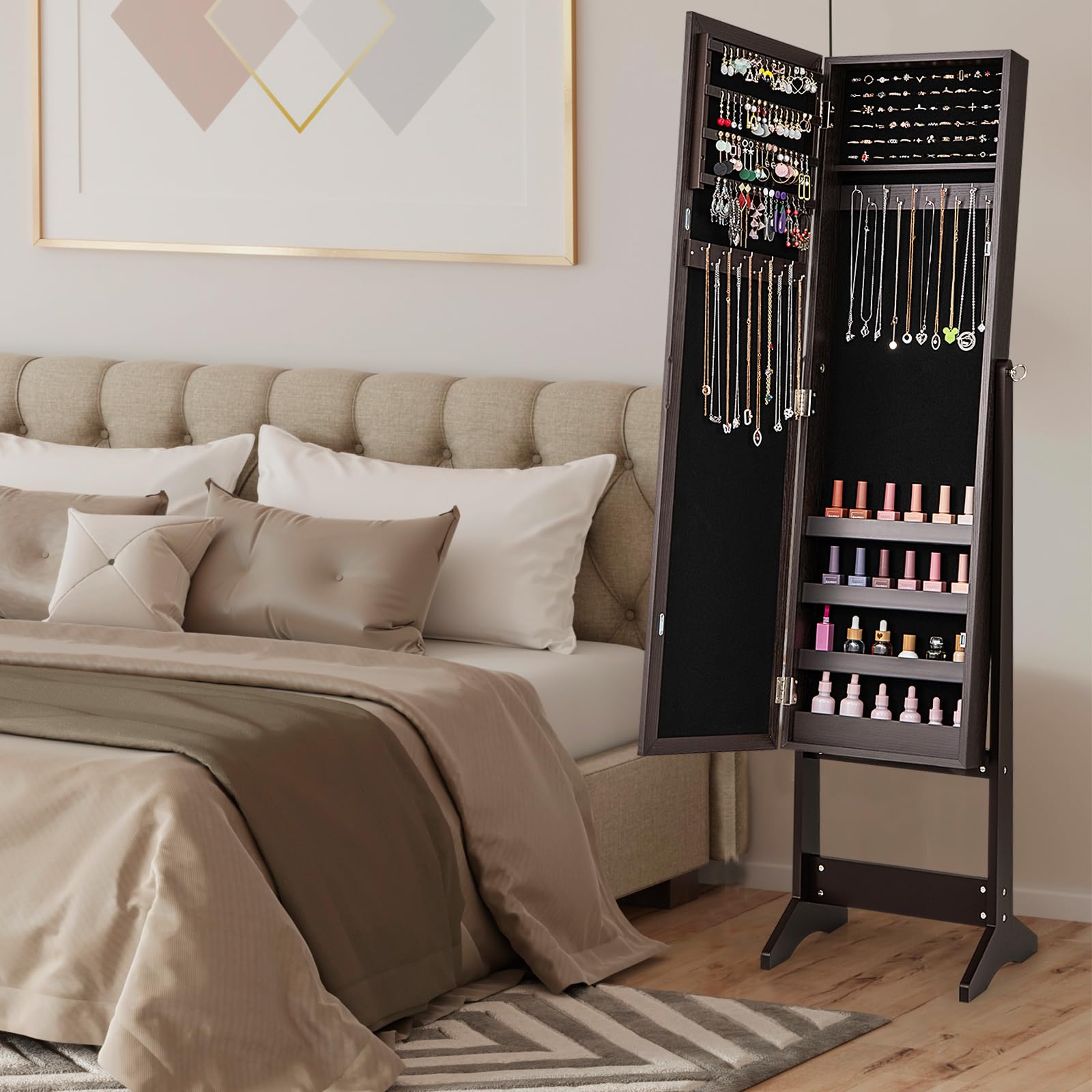 LDAILY Jewelry Armoire, Jewelry Cabinet Standing with Full Length Mirror, 3 Adjustable Angles, Large Storage Capacity, Freestanding Jewelry Organizer for Bedroom, Dressing Room (Espresso)