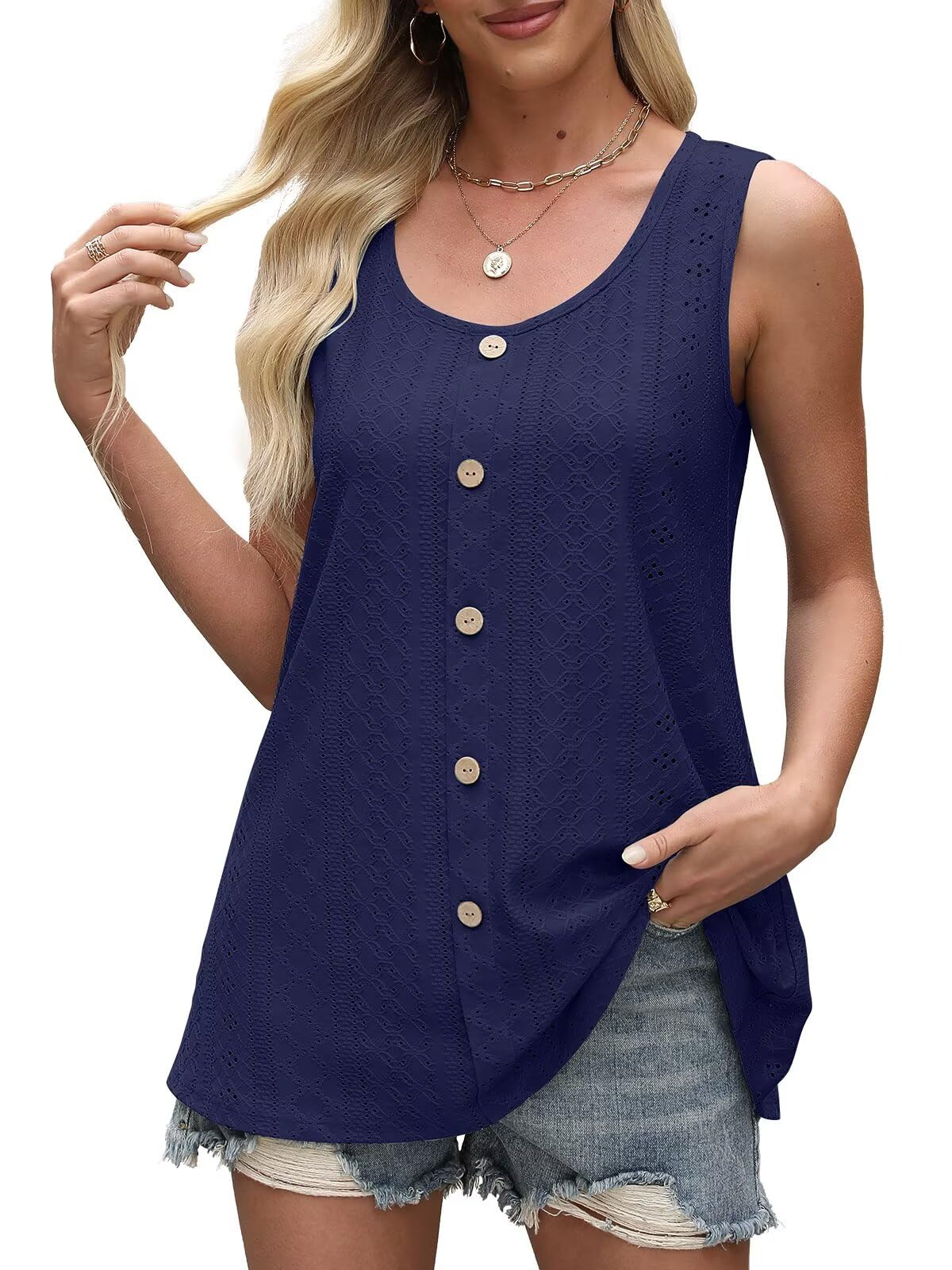 BELAROI Womens Plus Size Tank Tops Summer Tshirts Sleeveless Casual Scoop Neck Button Loose Fit 1X-5X