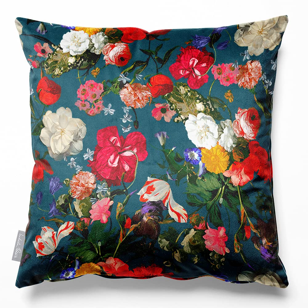 Izabela Peters Teal Eco-Friendly Velvet Cushions - Filled, 60 Cm, Garden Bouquet - Chair & Sofa Seat Cushions