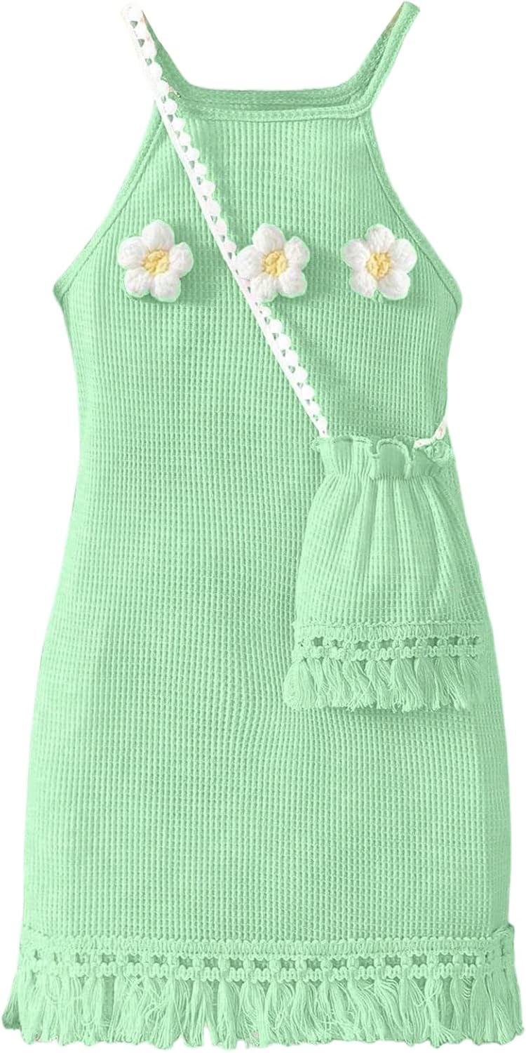 GORGLITTER Girl's Summer Crochet Dress Cute Beach Hawaii Vacation Cruise Outfits Flower Sleeveless Bodycon Mini Dress