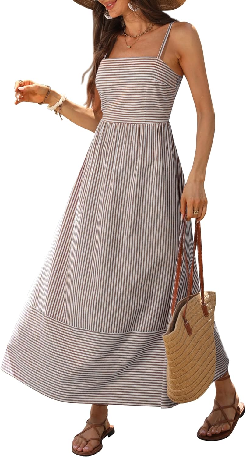 Caracilia Womens Maxi Dresses Gingham Spaghetti Strap Back Smocked Flowy Long Sundress Summer Beach Vacation Clothes 2026