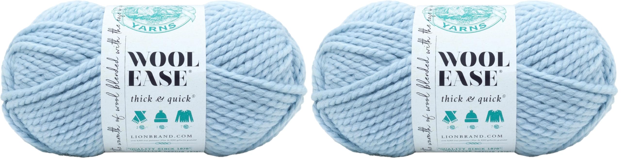 Lion Brand Yarn Wool-Ease Thick &amp; Quick Yarn, Soft and Bulky Yarn for Knitting, Crocheting, and Crafting, 1 Skein, Glacier (Pack of 2)