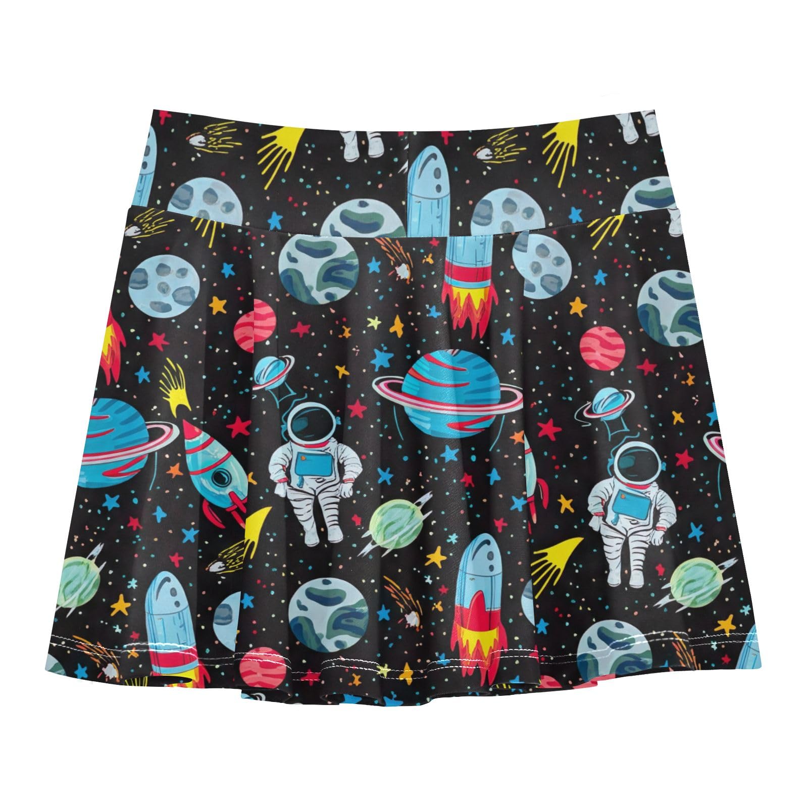CHIFIGNO Cute Cartoon Astronauts Black Girls' Athletic Skorts Tennis Running Skirts Flowy Dance Skirt with Shorts Size 7-8