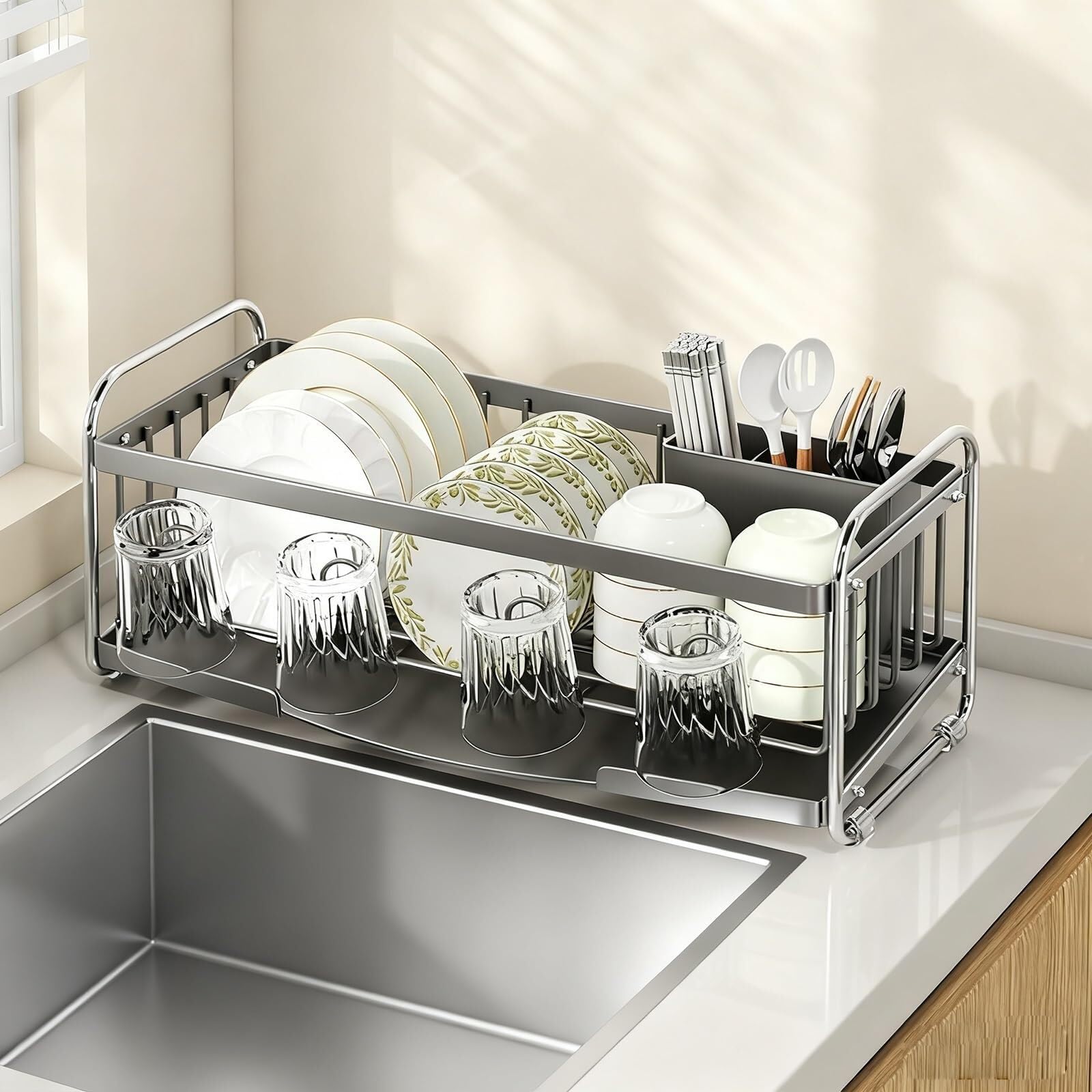 WLH Alexanders Compact Small Dish Drying Rack for Kitchen Counter Narrow Metal Dish Drainer with Utensil Holder Space Saving dish rack(Gun Gray,Bare frame)