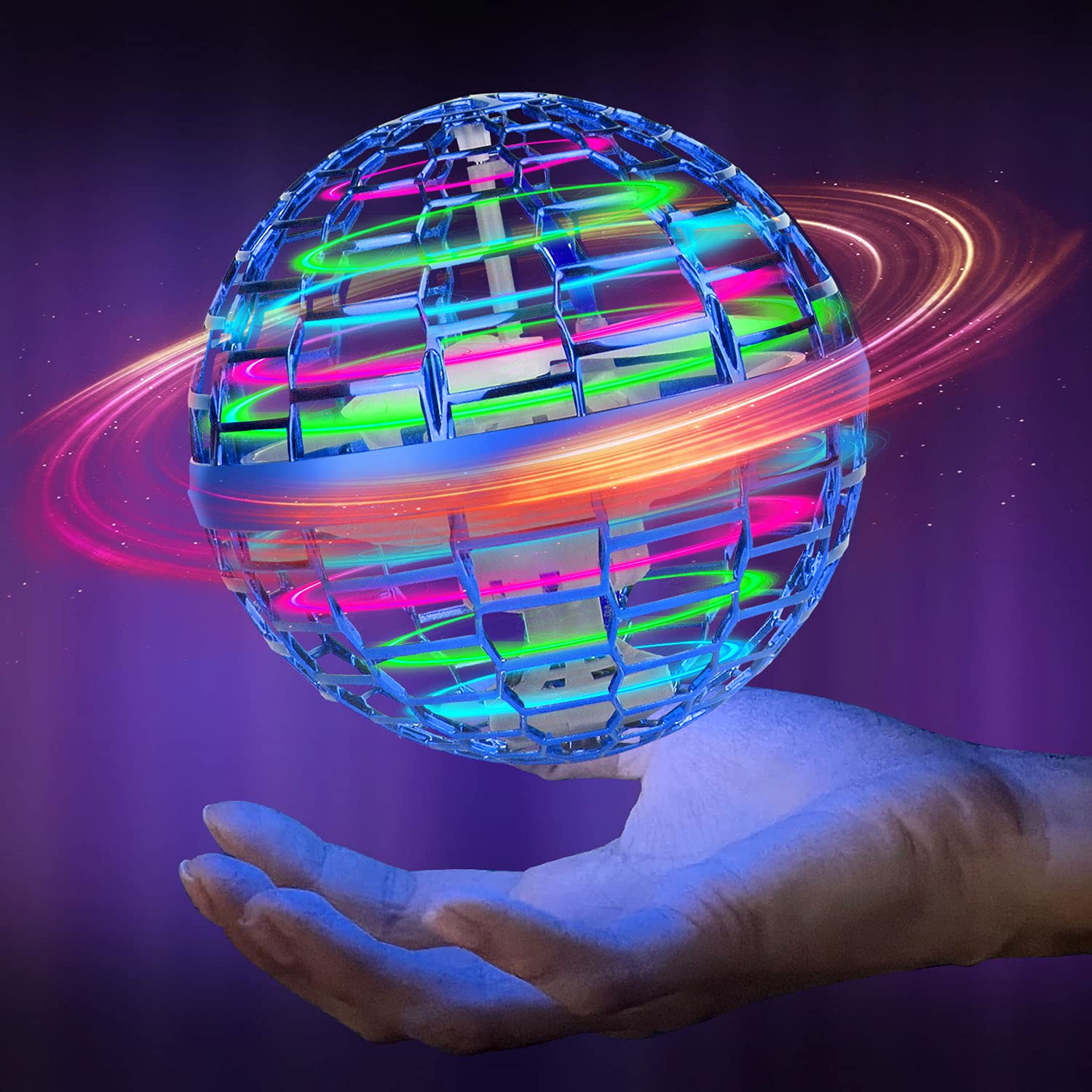 Magic Flying Orb Ball Toy - 2021 Upgraded Space Pro Cool Toy with RGB Lights Spinning 360° Gifts for Kids Adults Outdoor Indoor Games, Mini Hover Boomerang UFO Drone(Blue)