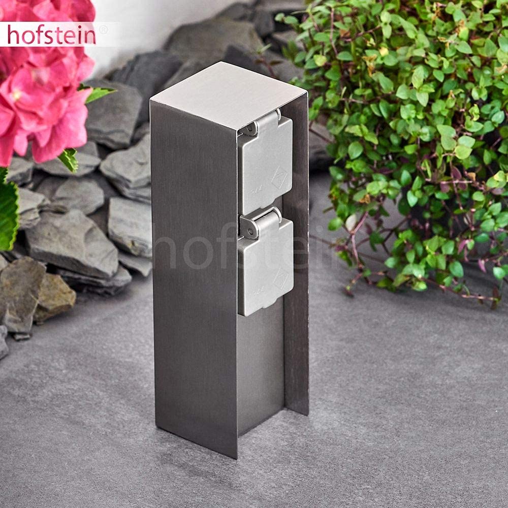 Presa da esterno Abilene, presa da giardino in metallo in acciaio inox/grigio con 2 prese e coperchi incernierati per installazione permanente, presa multipla per uso esterno, IP44