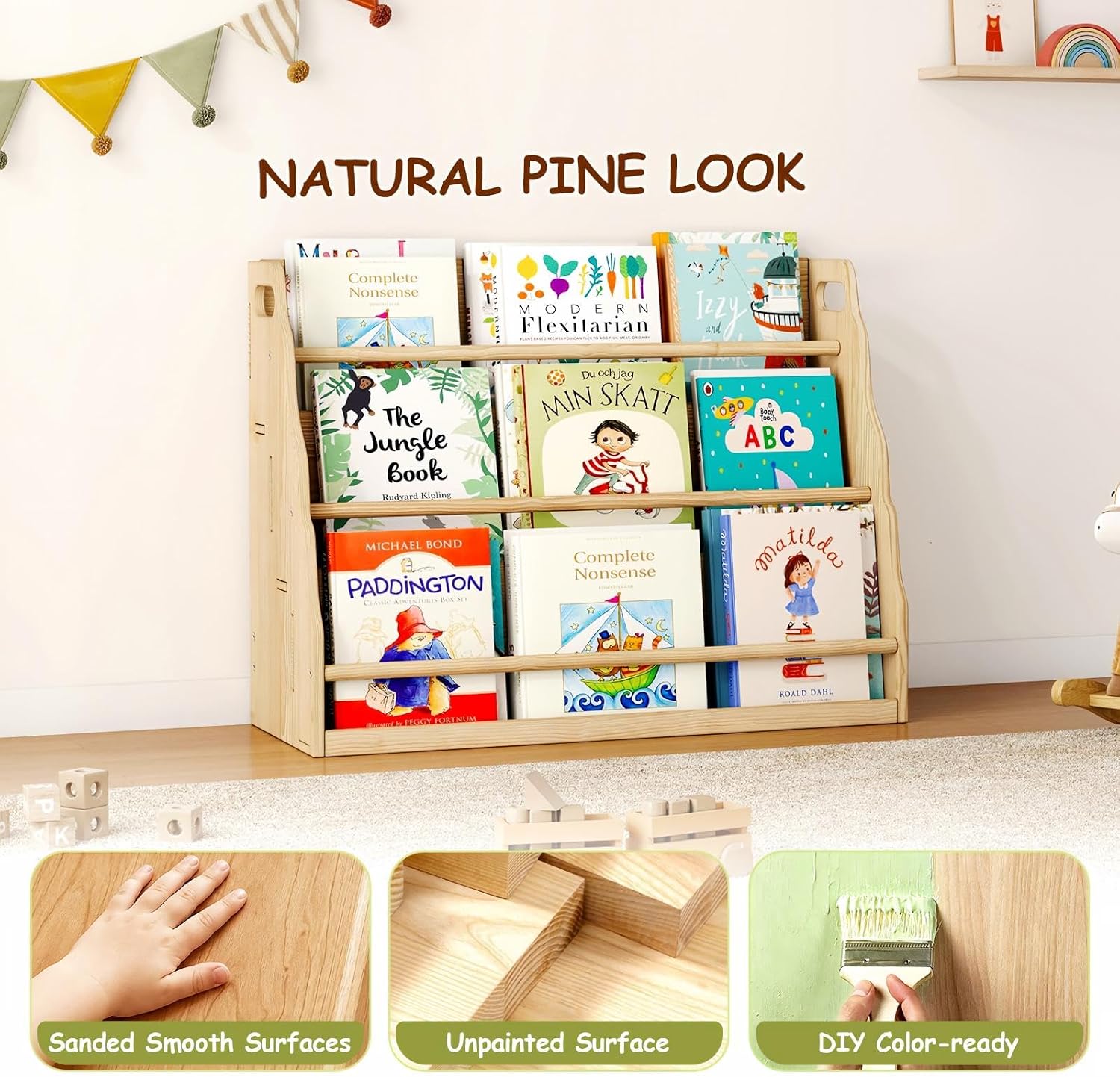 EXPERLAM 3-Tier Kids Bookshelf, Montessori Book Organizer for Toddlers