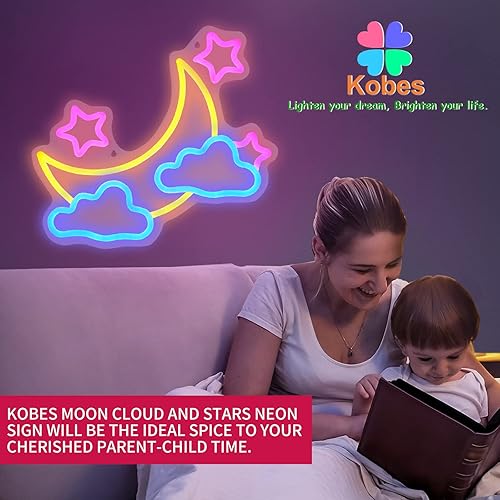 Miniatura 4 de KOBES Letrero de neón Moon Cloud Star – Letreros de neón azul/amarillo/rosa para decoración de pared, alimentado por USB, luna, nube, estrellas, luz