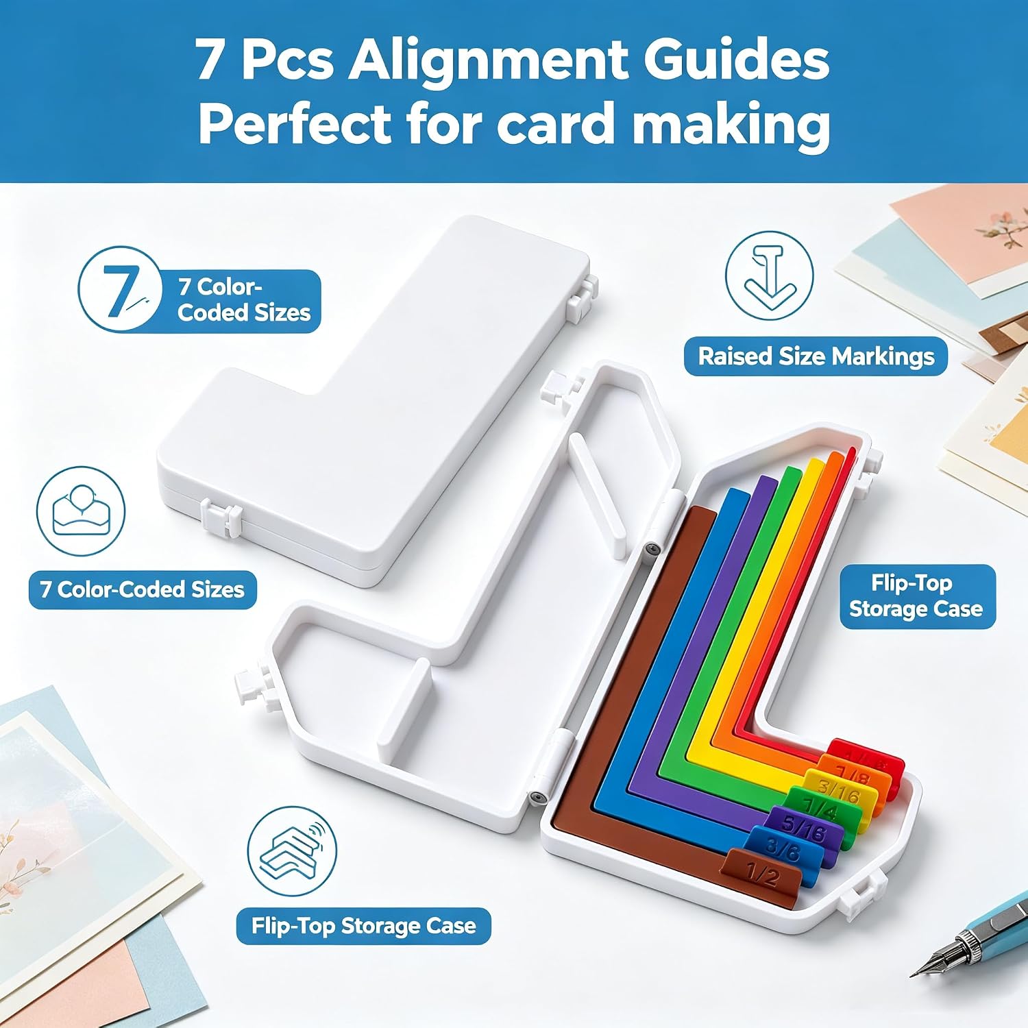 Paper Crafting Alignment Guide Set for Card Making & Scrapbookers, Alignment Tool with Case for Precision Layering, Color Coded Size Tabs for Card Making and Scrapbooking(7Pcs)