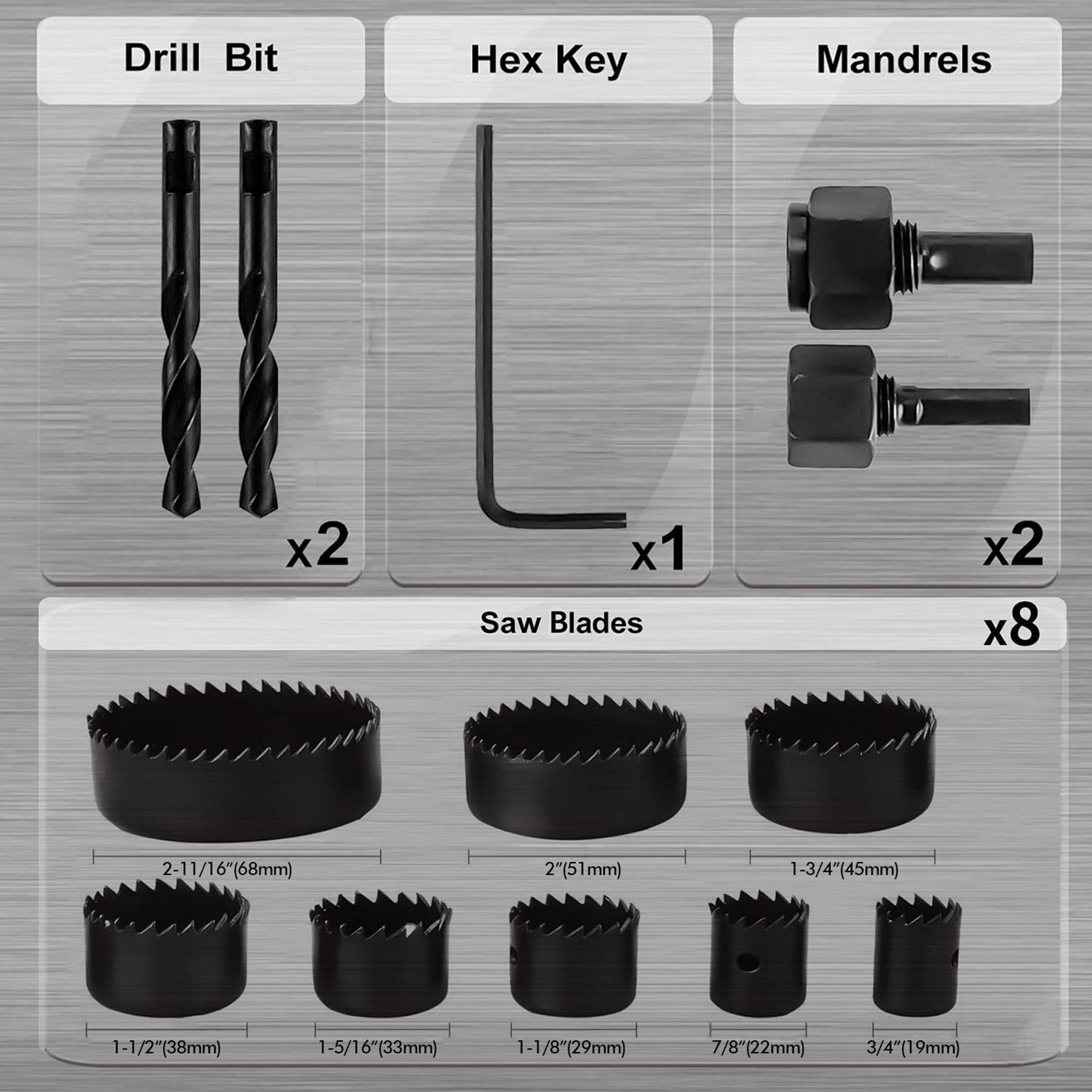 KATA 12PCS Hole Saw Kit 3/4"-2-11/16" (19-68mm) Hole Saw Set including Mandrels,Hex Key,Ideal for Soft Wood,PVC Board,Plywood,Drywall Drilling - Image 2