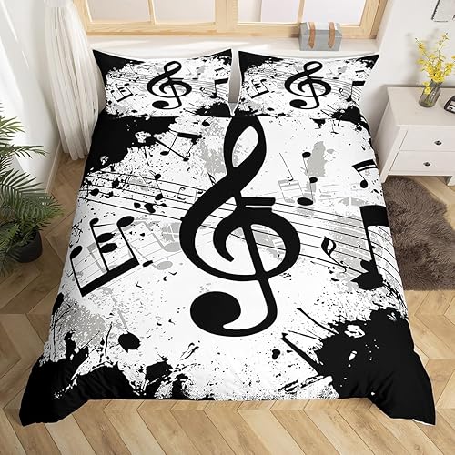 Juego de ropa de cama con notas musicales, funda de edredón de música pop para niños, funda de edredón de tinta de teñido anudado en blanco y negro