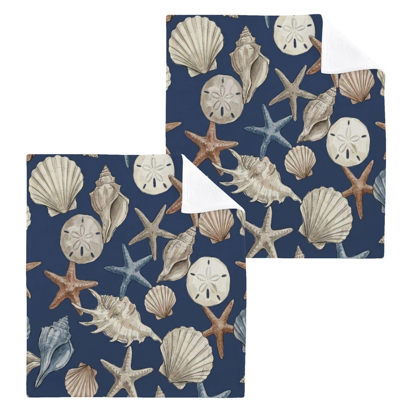 BOESI Vintage Navy Seashell 12x12in Cotton Washcloth,Face Towel