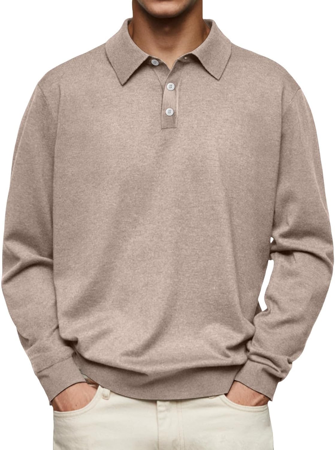Men's Long Sleeve Polo Shirt Button Up Loose Fit Fall Spring Solid Shirts Casual Work Golf Top with Collar