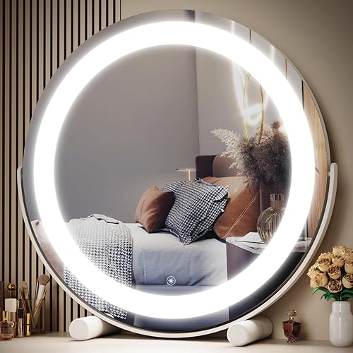 12" Round Vanity Mirror, LED Lights, Smart Touch 360°Rotation, Dimmable White