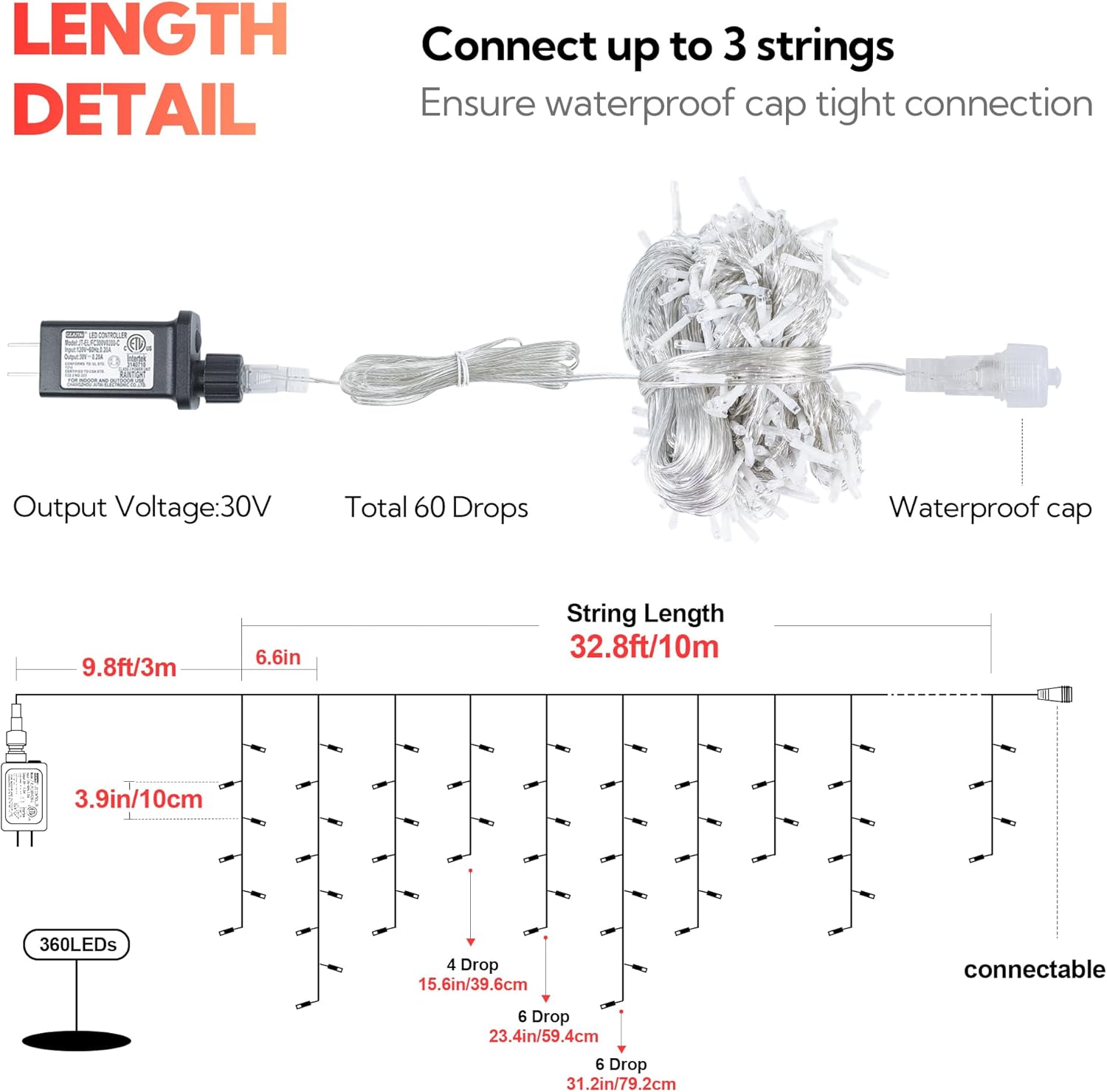 Hopolon 33FT 360L LED Icicle String Lights - Outdoor, Waterproof, 8 Modes, With 60 Drops - Curtain Lights for Indoor/Outdoor Decorations (Red)