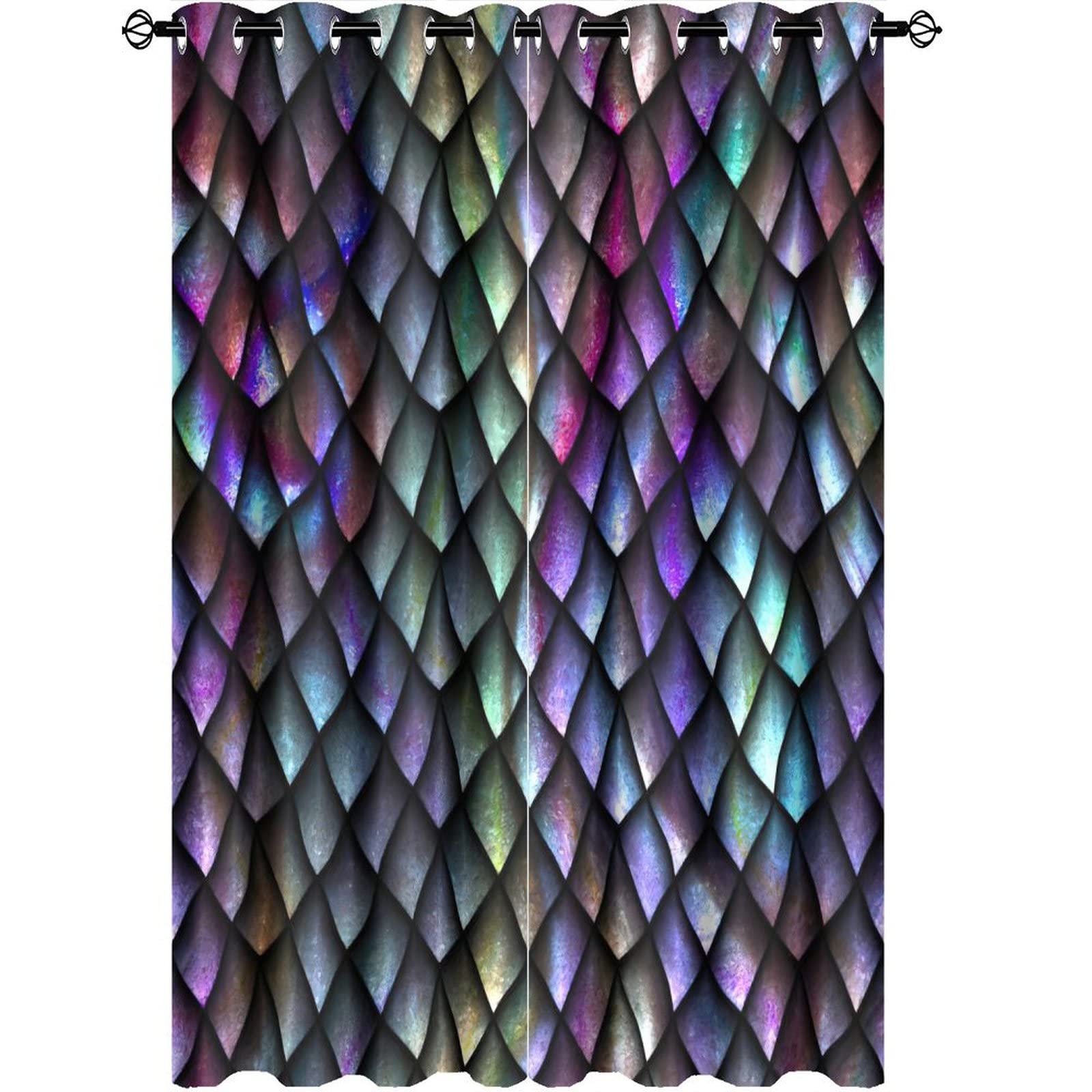 INSFBRB Fantasy Dragon Blackout Curtains for Living Room,Vintage Mid Century Pink Purple Watercolor Metal Dragon Scales Room Darkening Window Curtains