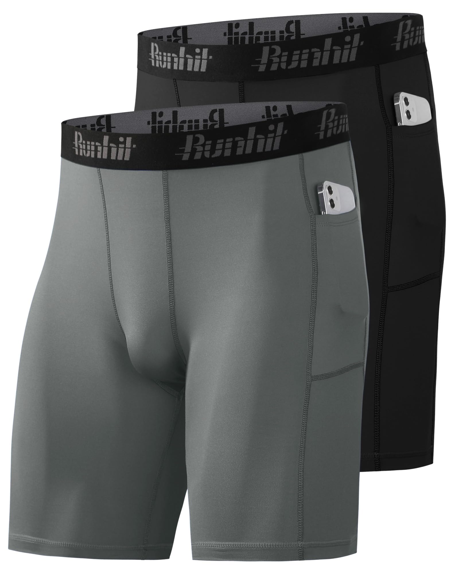 Runhit 1/2 Pack Herren Kompressionsshorts - Base Layer Schnelltrocknende Fußball Unterziehhose Laufunterwäsche Atmungsaktive Radlerhose Kompressionshose Kurz mit Handytasche Schwarz+Grau M
