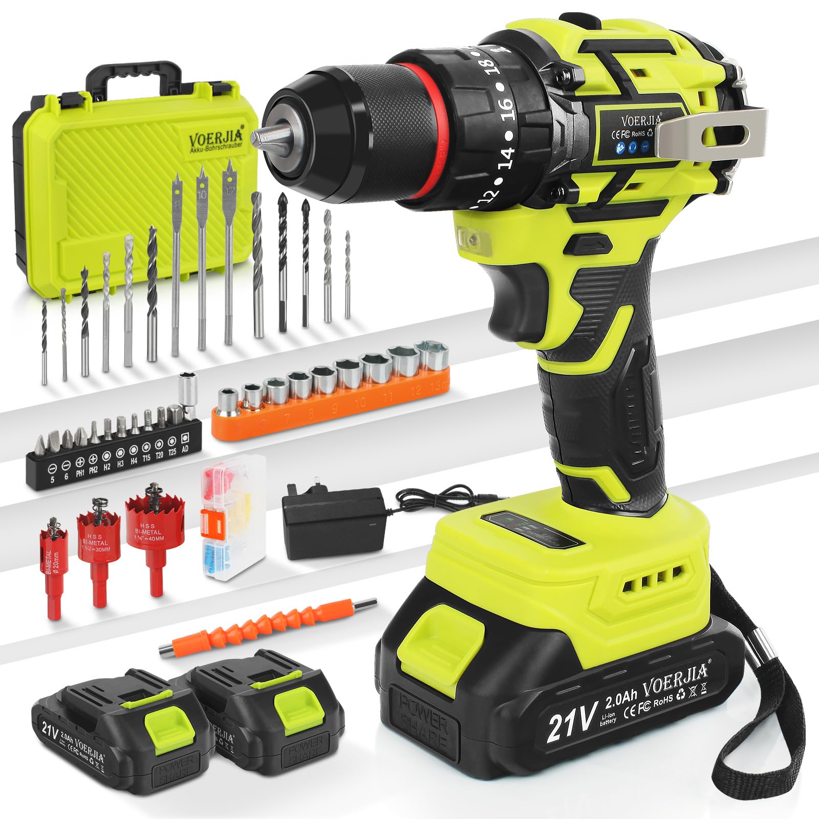 Cordless Drills, 21V Brushless Battery Drill with 2 Batteries 2000mAh, 20+3 Torque Electric Drills, 3/8' Chuck, 65N.m Max Hammer Drill, 2 Spees LED Drill Set, 46Pc DIY Power Tools for Home