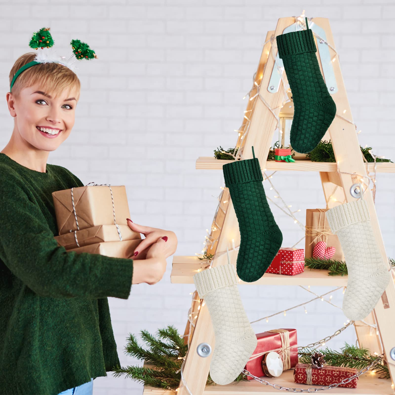 Kunyida 18-Inch Cable Knit Christmas Stockings - Ivory Wool Stockings For Holiday Decor & Gift Stuffing