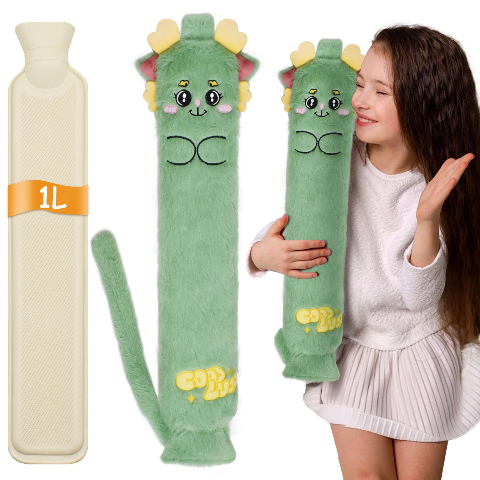 Cyiecw Cartoon Plüsch Wärmeflasche Lang, 1 Liter Kinder Wärmflasche mit weichem Bezug, 57 x 10cm Kleine Kapazität Schlauch Wärmflasche Tier für Schulter, Nacken und Bauch (Dinosaurier)