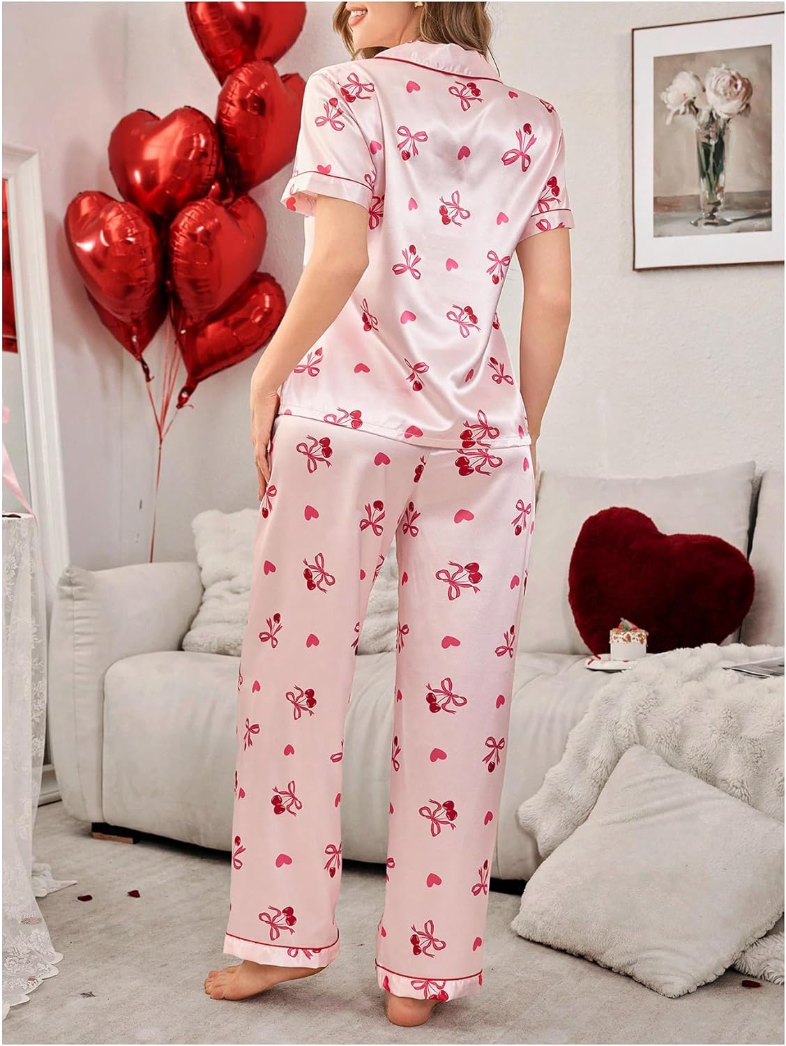 WDIRARA Women's Bow Print Satin Pajama Set Button Down Short Sleeve Pants 2 Piece Sleepwear Pjs - Image 2