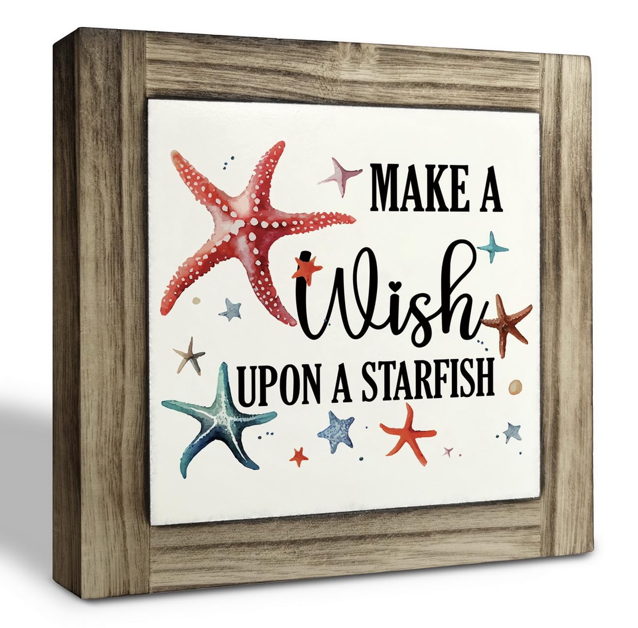 XJCUG Ocean Wood Plaque Sign, Make a Wish Upon a Starfish, Box Wood Plaques Desk Décor, Primitive Decor Sign, Starfish Wood Plaque, Rustic Home Table Decor, Decor for Beach House Seaside Cottage